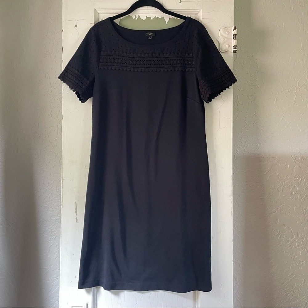 Talbots Petites Black Eyelet Lace Trim Short Sleeve Shift Dress MP